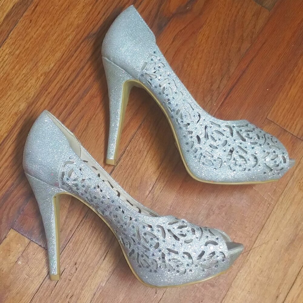 Silver stilettos Peep toe shoes silver shimmery embellished fancy party shoes